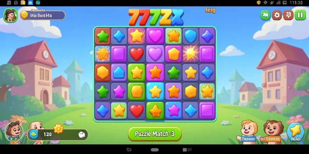 Tampilan antarmuka permainan Puzzle Match-3 777ZX yang menarik.