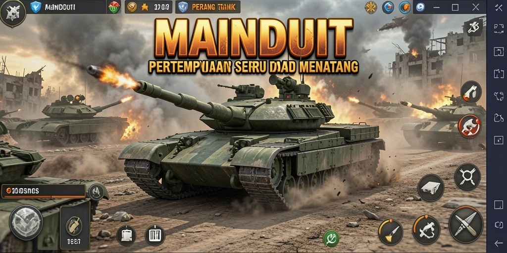 Screenshot antarmuka permainan <strong>MAINDUIT</strong> menampilkan pertarungan tank yang intens dan menegangkan.