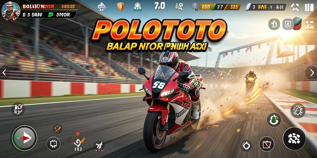 Tangkapan layar utama POLOTOTO menampilkan balapan motor yang menegangkan.