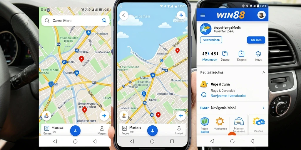Antarmuka aplikasi WIN88 yang sederhana dan informatif untuk navigasi mobil.